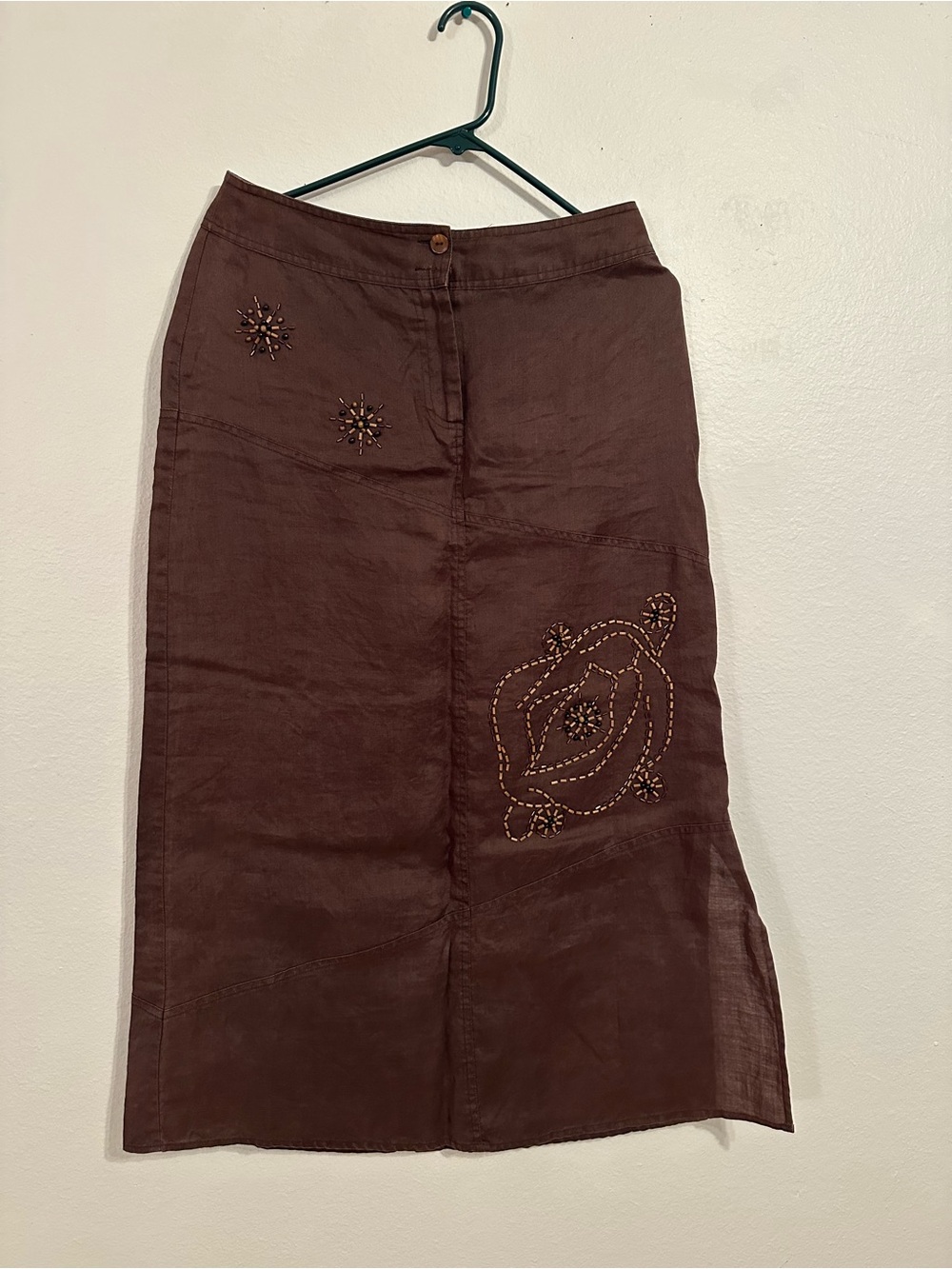 Women’s Linen cotton blend Brown Slit long Skirt handmade embroidered Size M